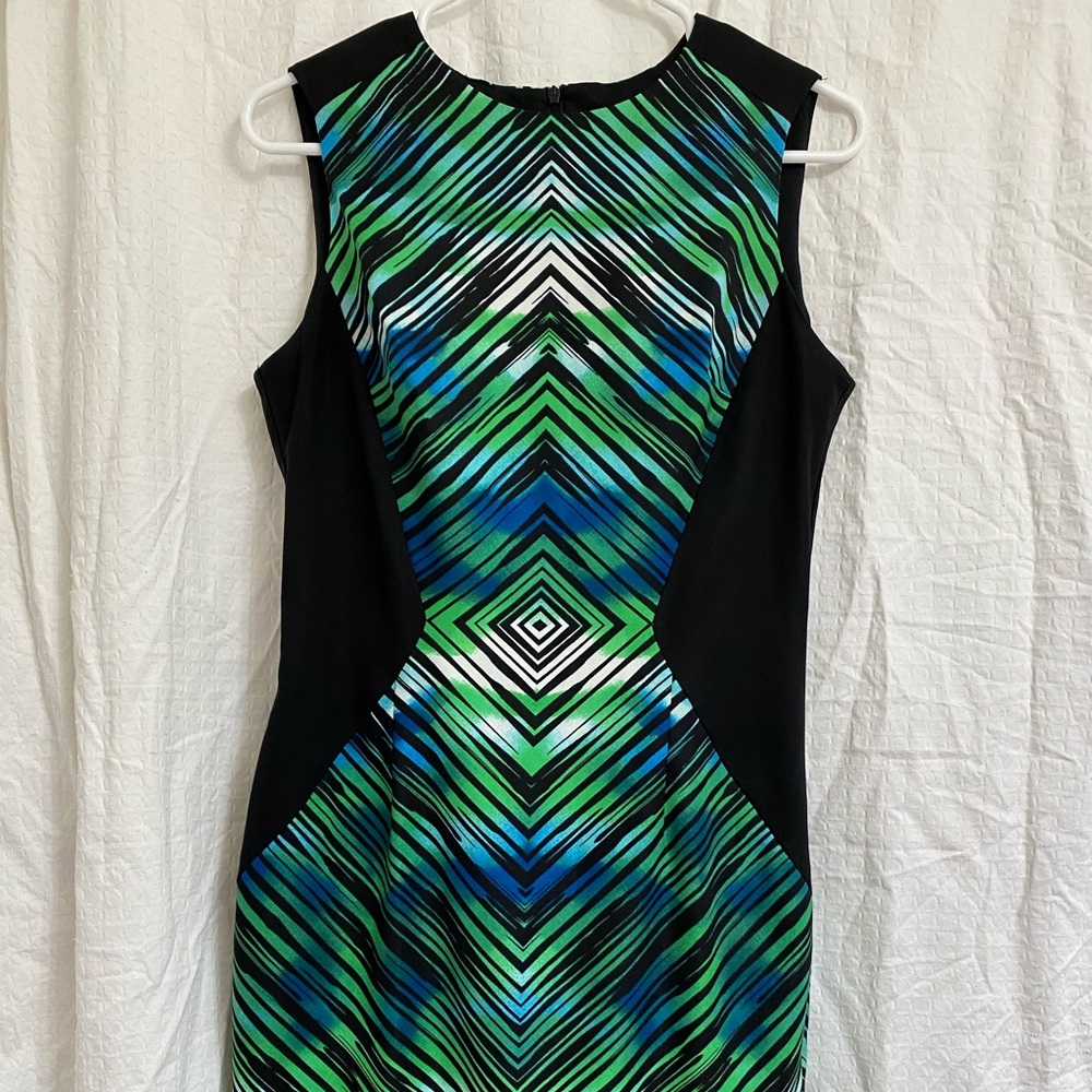 Sheath Business Dress Green, Black, White & Blue